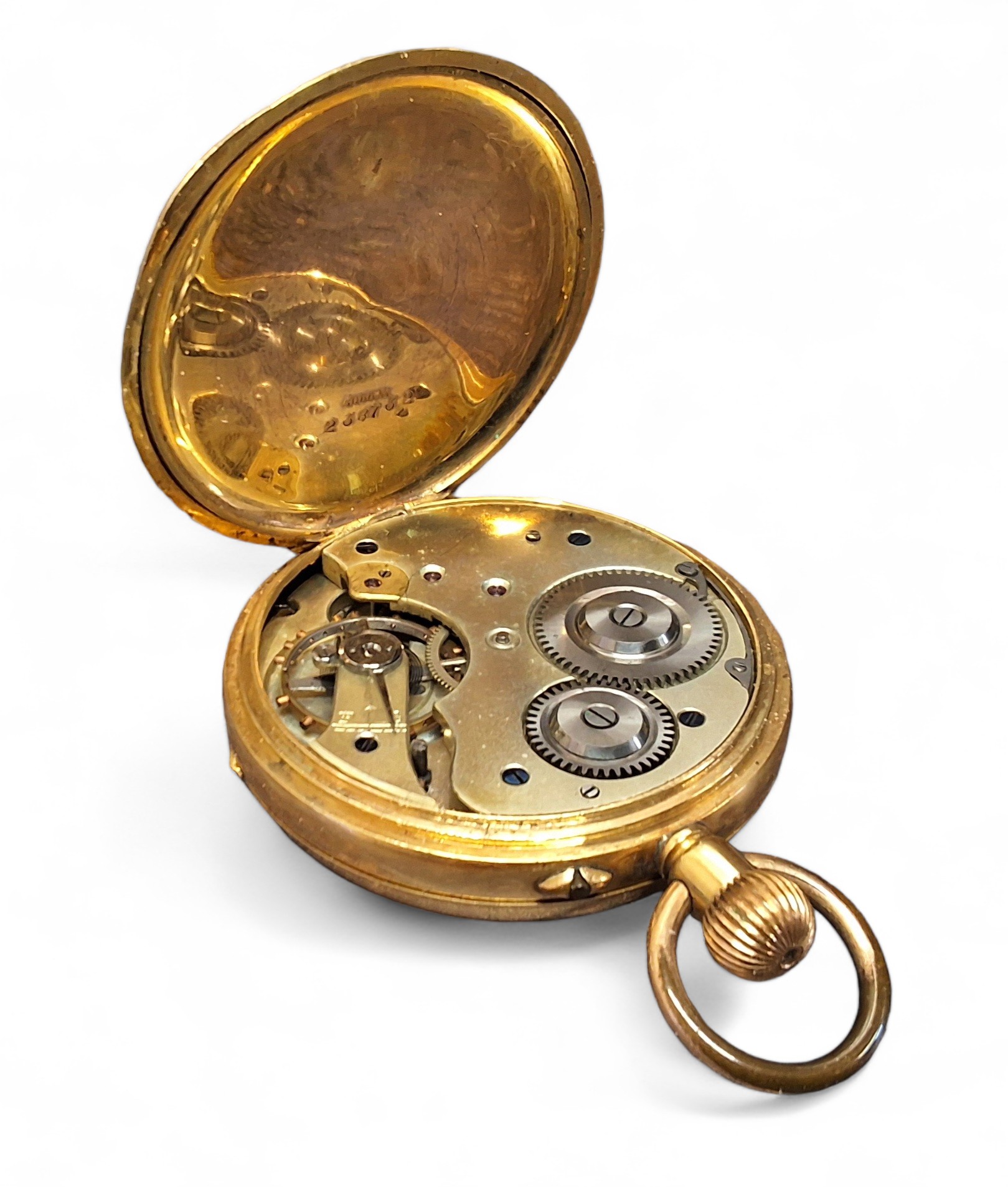 An 18ct gold open faced pocket watch, top winder, unsigned movement, white enamel dial, Roman - Image 4 of 4