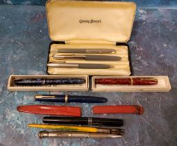 A Conway Stewart writing set, fountain pen 14ct nib,  ball point and propelling pencil, boxed;   a