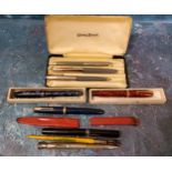 A Conway Stewart writing set, fountain pen 14ct nib,  ball point and propelling pencil, boxed;   a