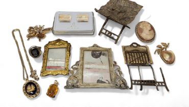 Dolls' House Accessories - a gilt metal mirror; folding basket; newspaper rack (faults);  fashion