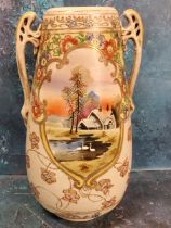 A large Japanese Noritake two handled ovoid vase, decorated with lakeside cottage, the ground with