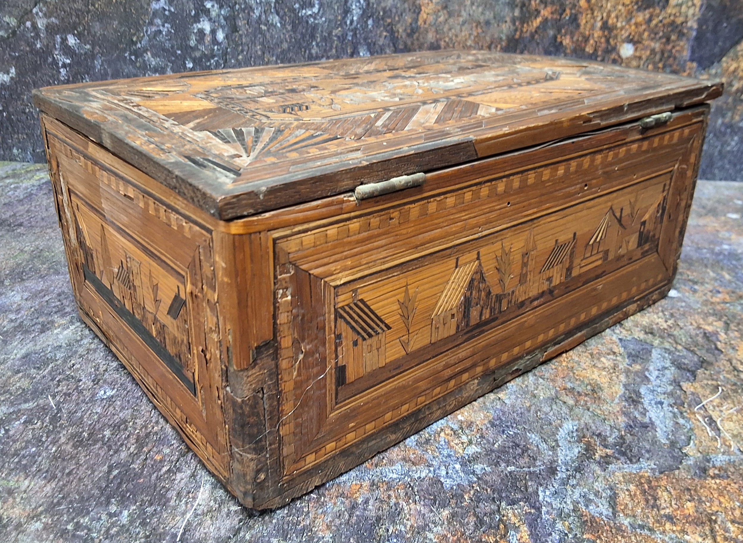 A Napoleonic prisoner of war straw work box, hinged cover decorated with buildings, above one - Image 5 of 5