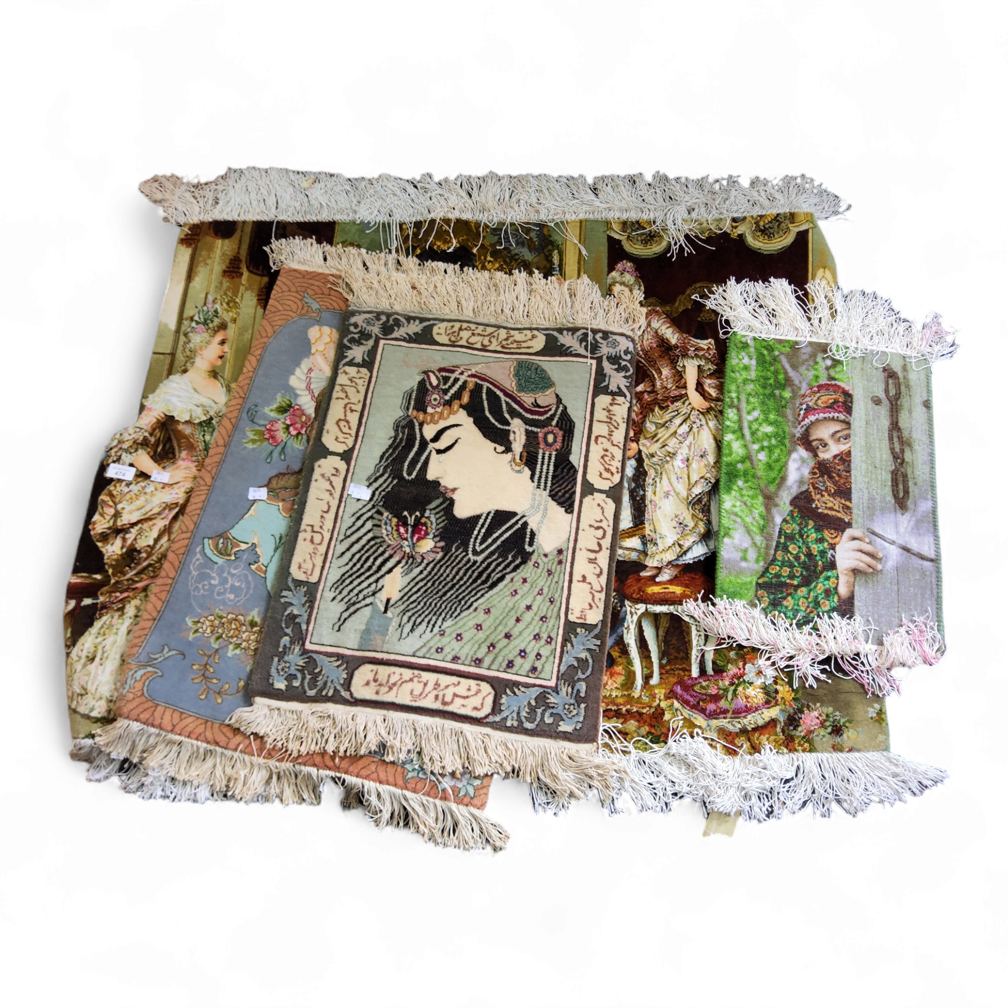 WITHDRAWN - A woollen rug, with French interior scene, 90cm x 117cm;  prayer rugs (4)