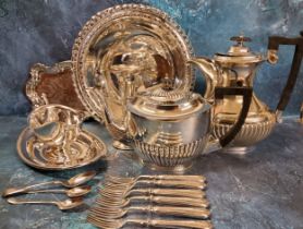 Plated Ware - an E.P.N.S. half fluted boat shaped tea and hot water pot;  a pedestal cake basket,