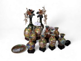 A pair of Japanese cloisonne vases, with hardstone flowers, 15cm high,  Meiji period;  miniature