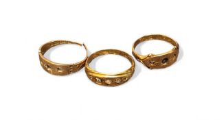 A Victorian 18ct gold gypsy ring set with old cut round diamonds (one loss), size L1/2, 3.16g gross;