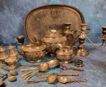 Plated Ware - a late 19th century three piece tea service, Walker and Hall, c.1890;  a three light