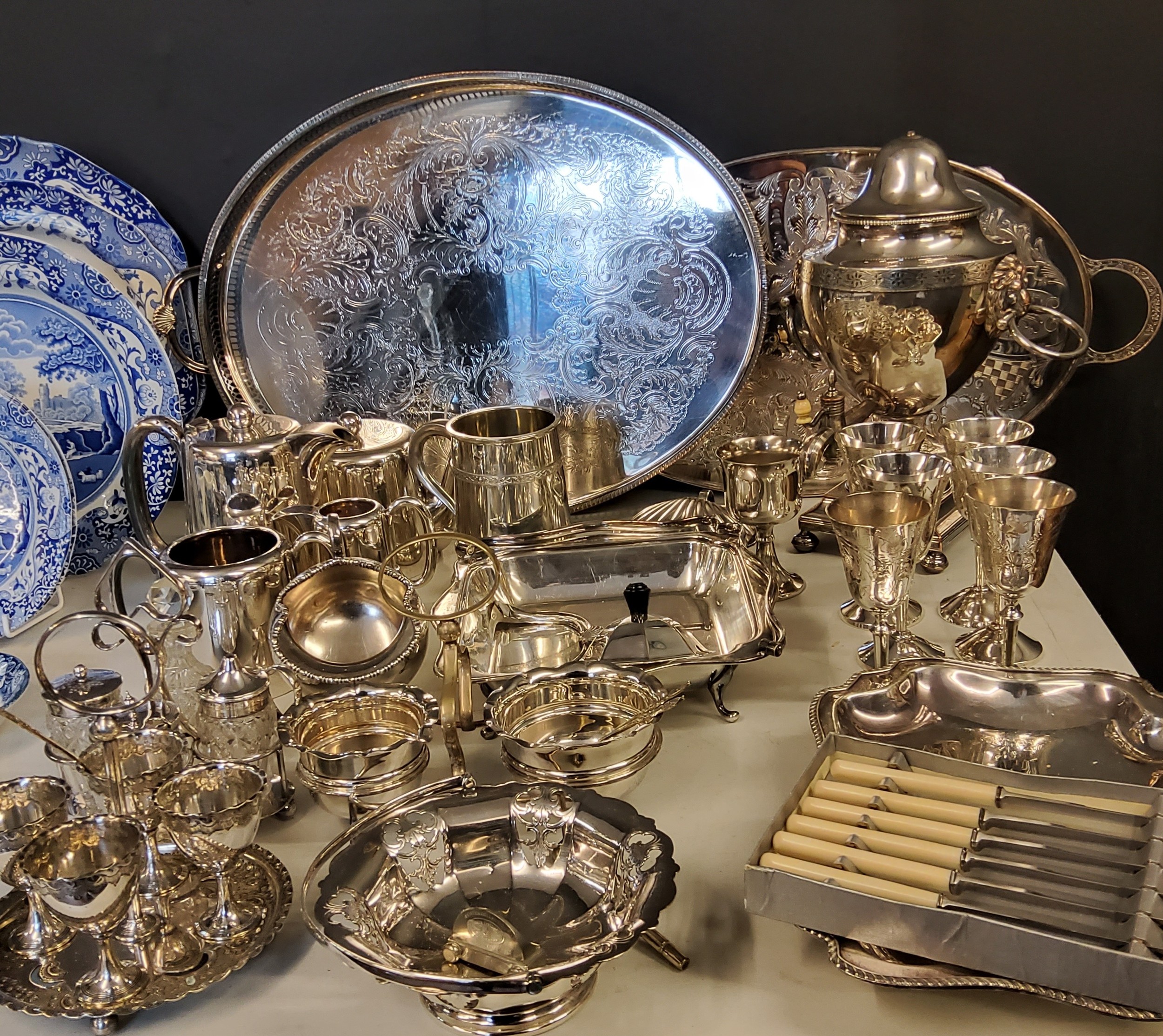 Plated Ware - oval die stamped gallery tray;  another;   goblets;  hotel ware;  tea urn;   egg