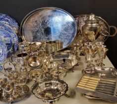 Plated Ware - oval die stamped gallery tray;  another;   goblets;  hotel ware;  tea urn;   egg