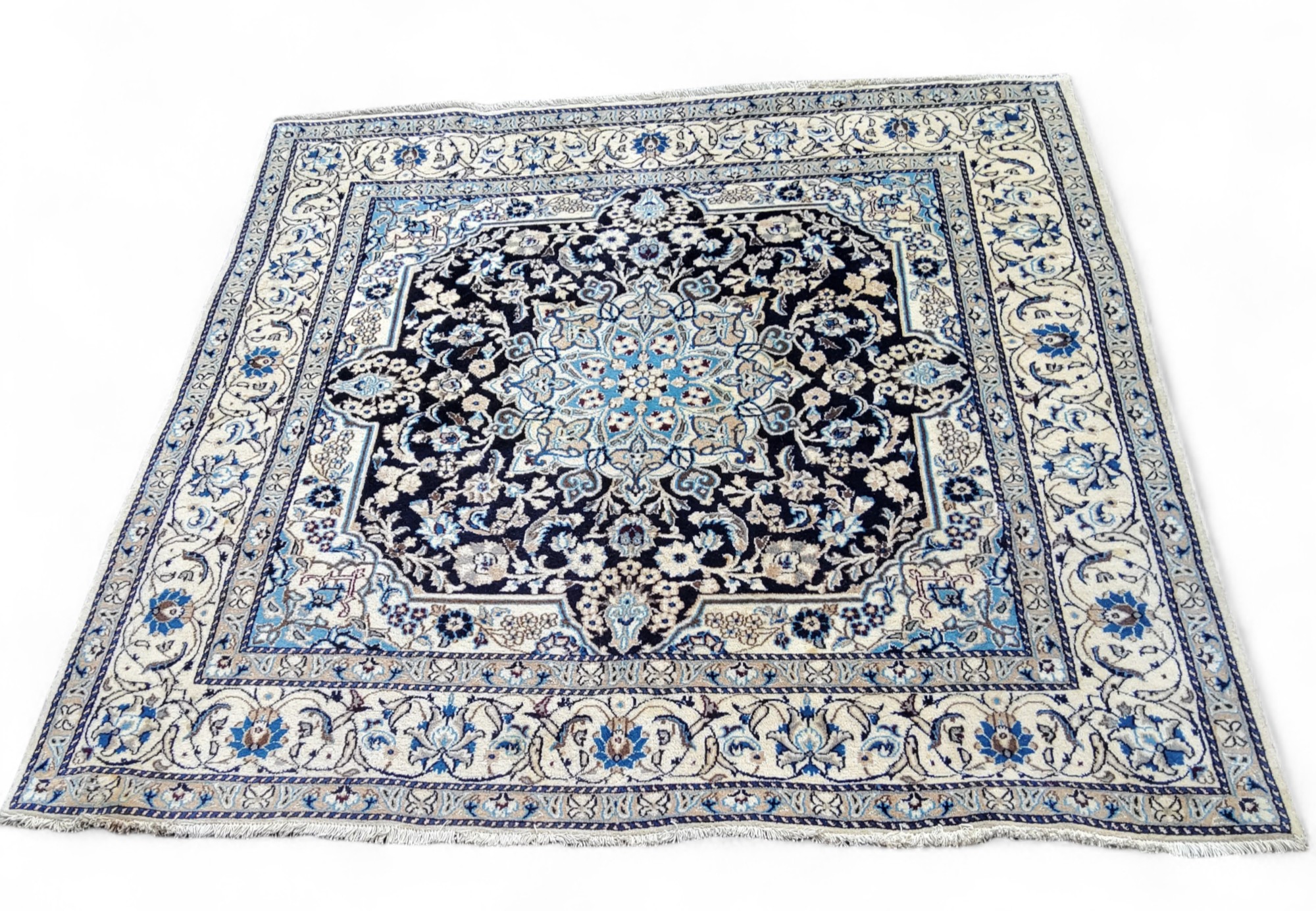 A large Persian Nain Kashmar rug, vivid tones of dark blue, white and turquoise, 195cm x 195cm - Image 2 of 3