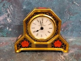 A Royal Crown Derby Imari 1128 pattern mantel clock, 11cm high, printed marks, first quality