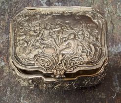 A Dutch silver cartouche shaped table snuff box, the cover embossed with figures bathing, the