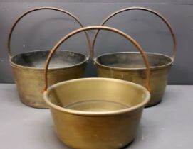 A large brass jam pan, 39cm wide;  others (3)