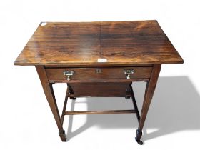 A 19th century rosewood sewing  table, rectangular top, sliding work box, tapered legs, spade