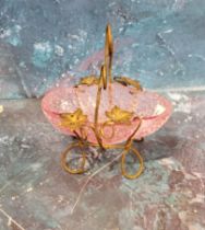 A French Palais Royale and frosted pink glass sweetmeat basket, on gilt wirework stand, 9cm wide