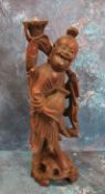 A Japanese hardwood figural lamp, of a fisherman, 42cm high, Meiji period