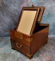 An oirental brass bound and hardwood gentleman's travelling vanity box, with folding mirror,