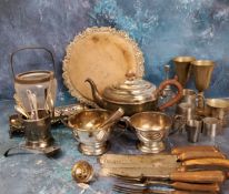 Plated Ware - a three piece E.P.N.S. tea service;  a plated bread board;  horn hafted flatware;  etc