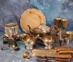 Plated Ware - a three piece E.P.N.S. tea service;  a plated bread board;  horn hafted flatware;  etc
