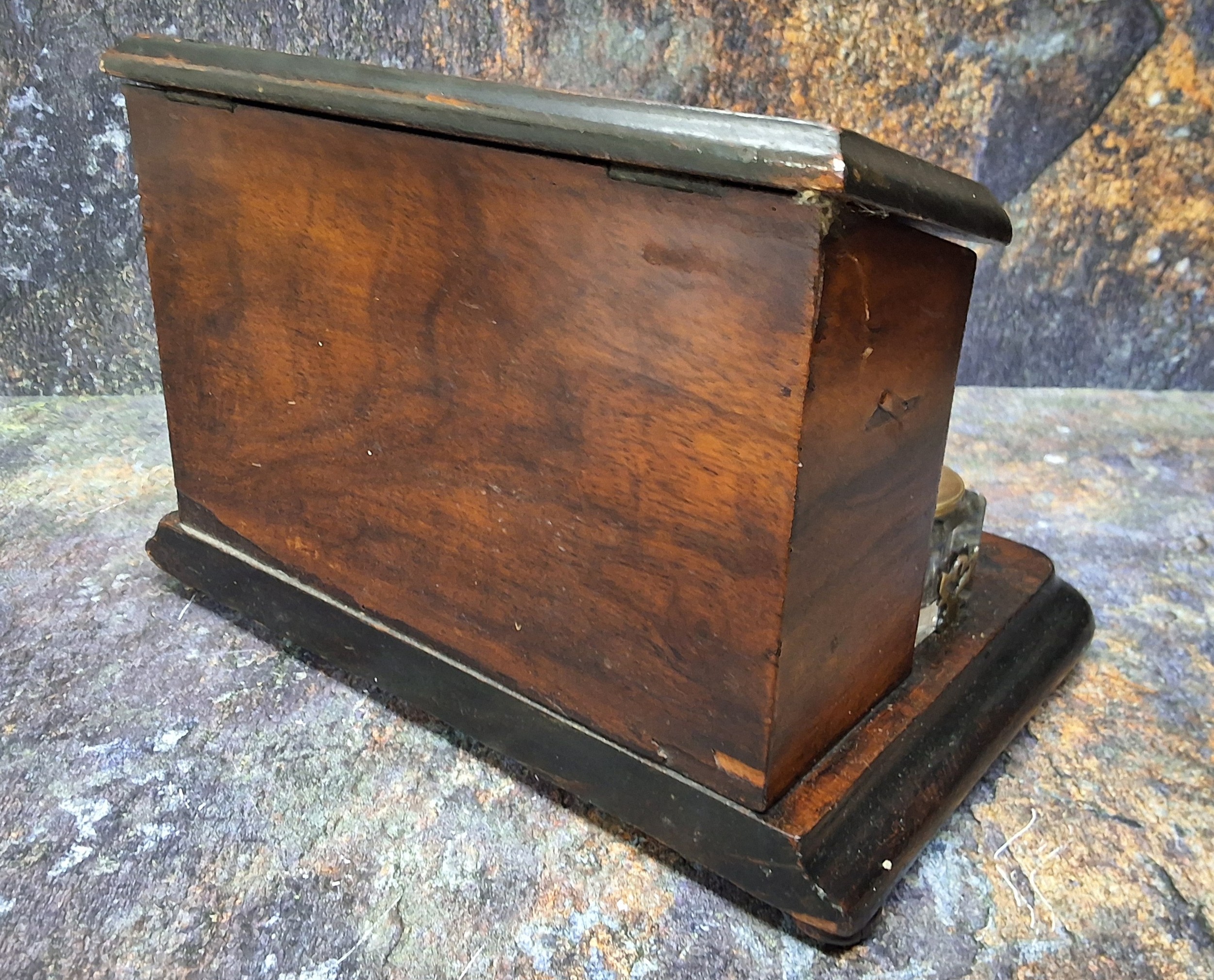 A Victorian walnut and ebonised stationery box, hinged slope cover, the interior with letter - Image 2 of 3