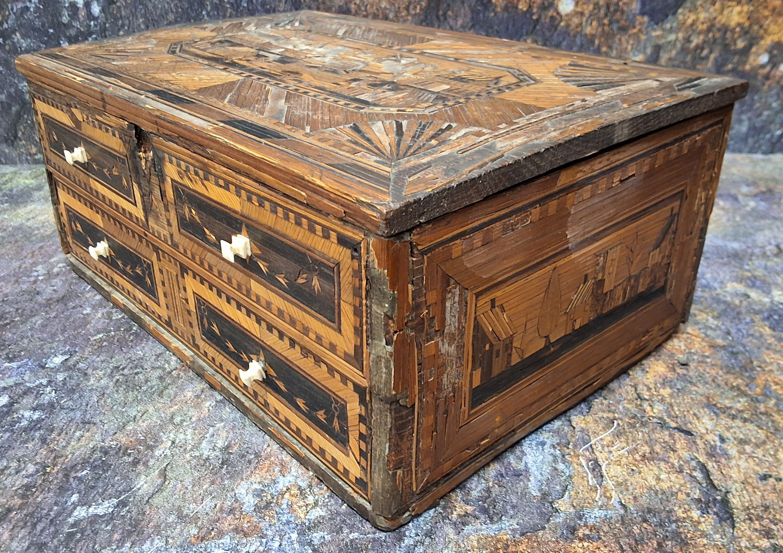 A Napoleonic prisoner of war straw work box, hinged cover decorated with buildings, above one - Image 4 of 5