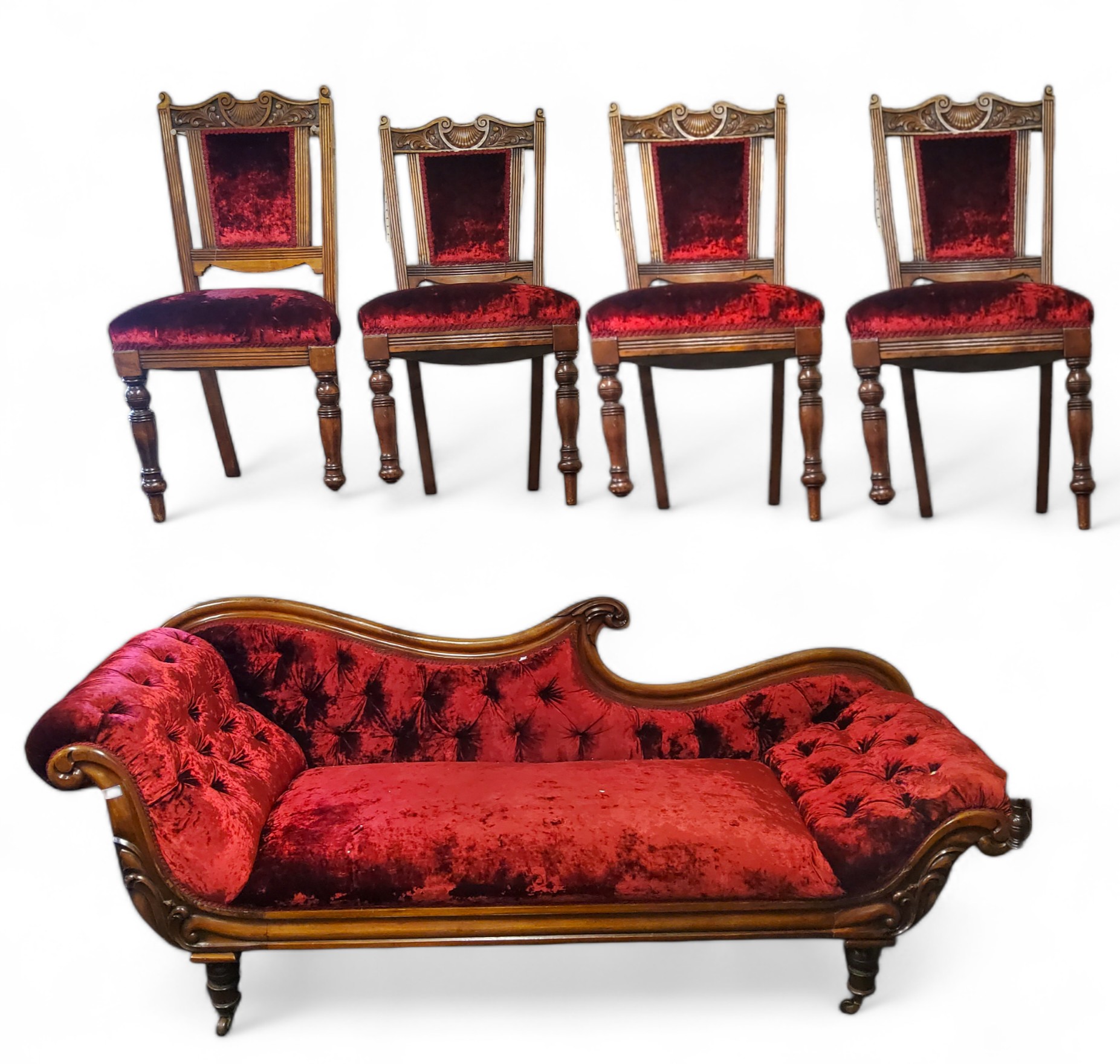 A Victorian mahogany chaise lounge,  c.1860; a set of four late Victorian dining chairs (5)