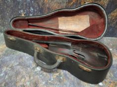 An early 20th century miniature apprentice violin, 15cm back, the case with label ' la premier piece