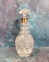 A silver mounted and cut glass decanter, triple ring neck, mushroom stopper, 31cm high, Israel