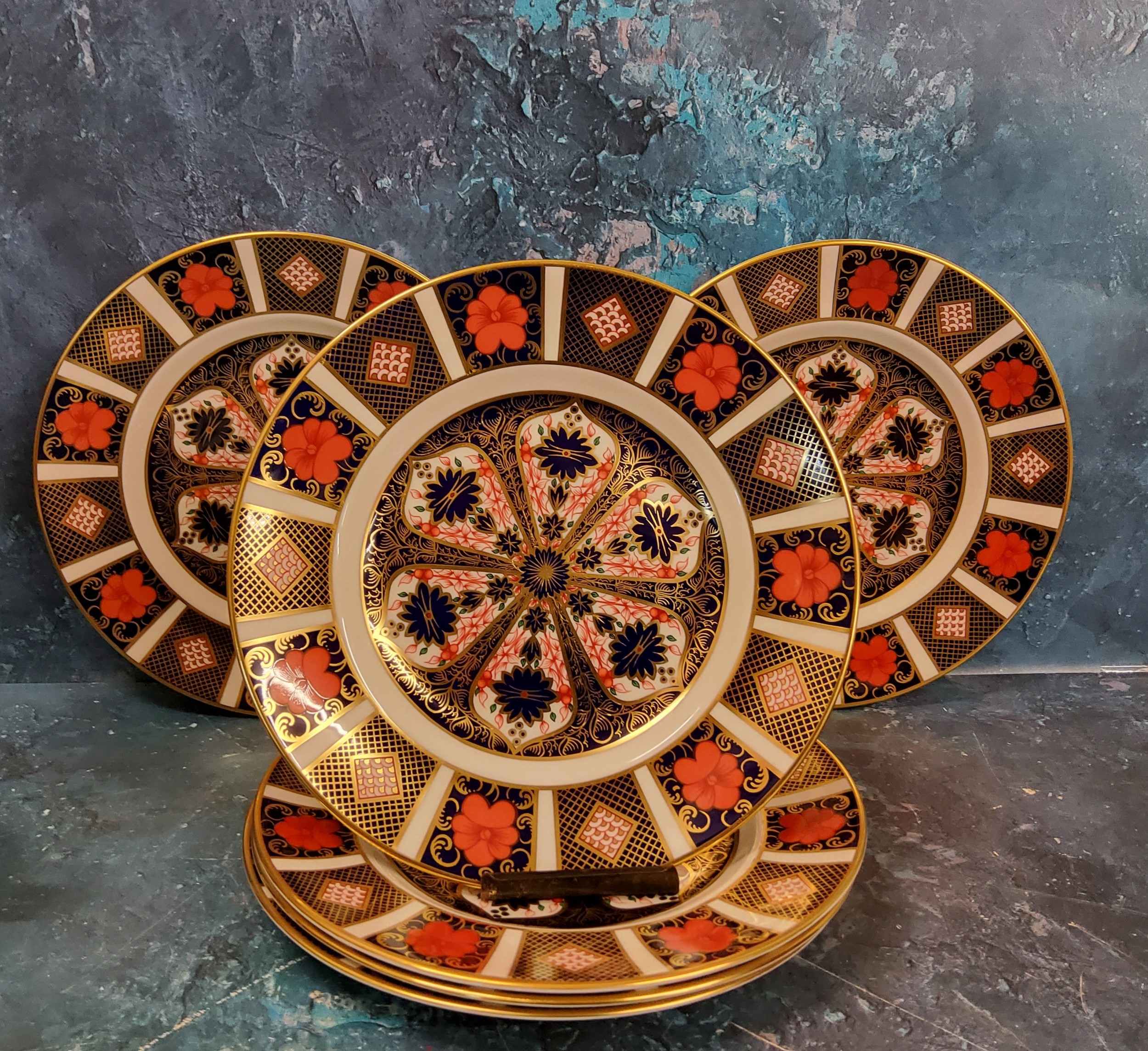 A set of six Royal Crown Derby Imari 1128 pattern  circular dessert plates, 22cm, printed marks,