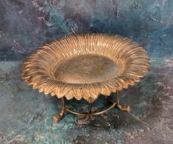 A late 19th century novelty plated centrepiece, as a sunflower, tall reeded legs, paw feet, 23cm