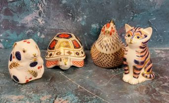 A Royal Crown Derby paperweight, Chicken, gold stopper;  others, Tortoise, Harvest Mouse, Kitten,