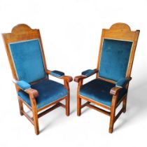 Masonic Lodge - a pair of early 20th century oak high back thrones, teal upholstered back and