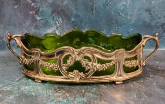 A WMF electroplated Britannia metal and glass boat shaped flower bowl, divided scroll handles,