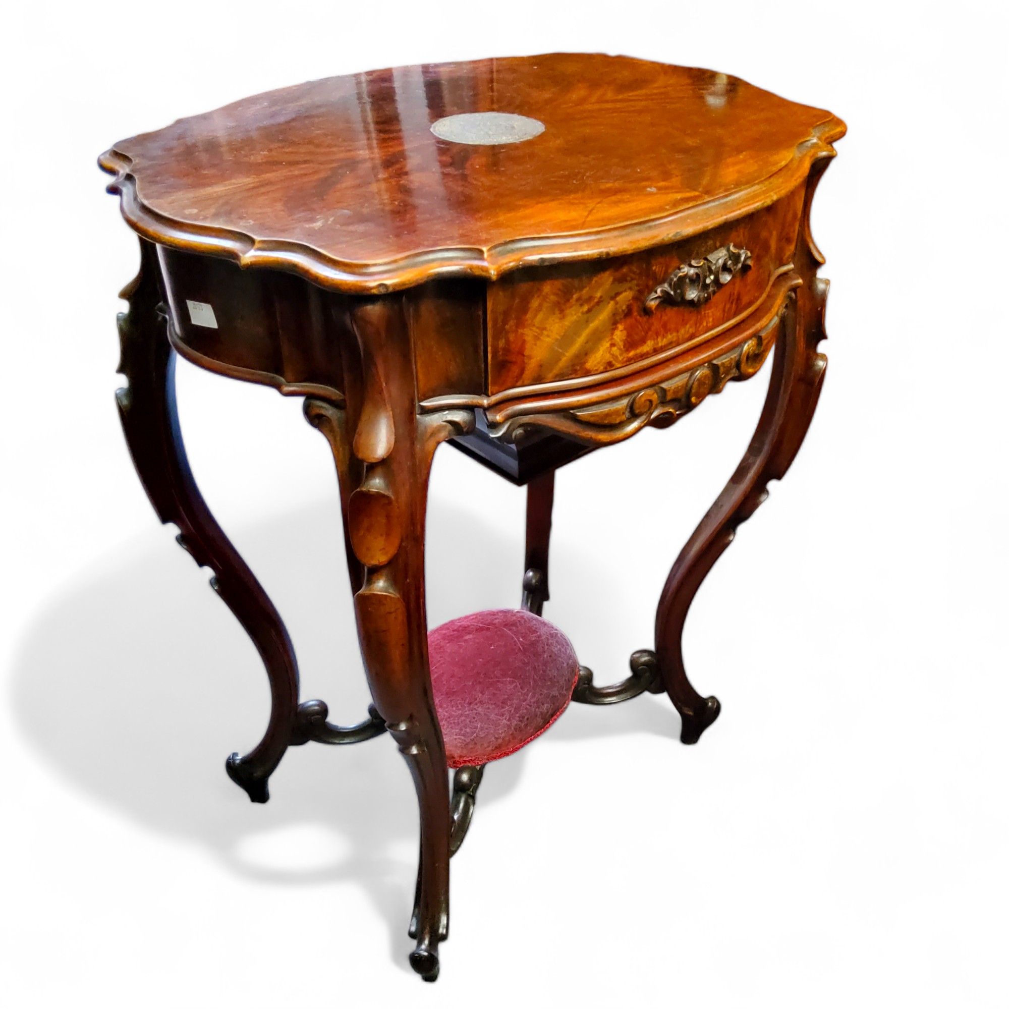 A Victorian quarter veneered flamed mahogany sewing table, shaped oval top inset with Islamic - Image 2 of 2