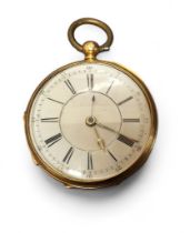 An 18ct gold Victorian open faced pocket watch, unsigned fusee movement, no.83417, twin holes, white