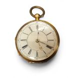 An 18ct gold Victorian open faced pocket watch, unsigned fusee movement, no.83417, twin holes, white