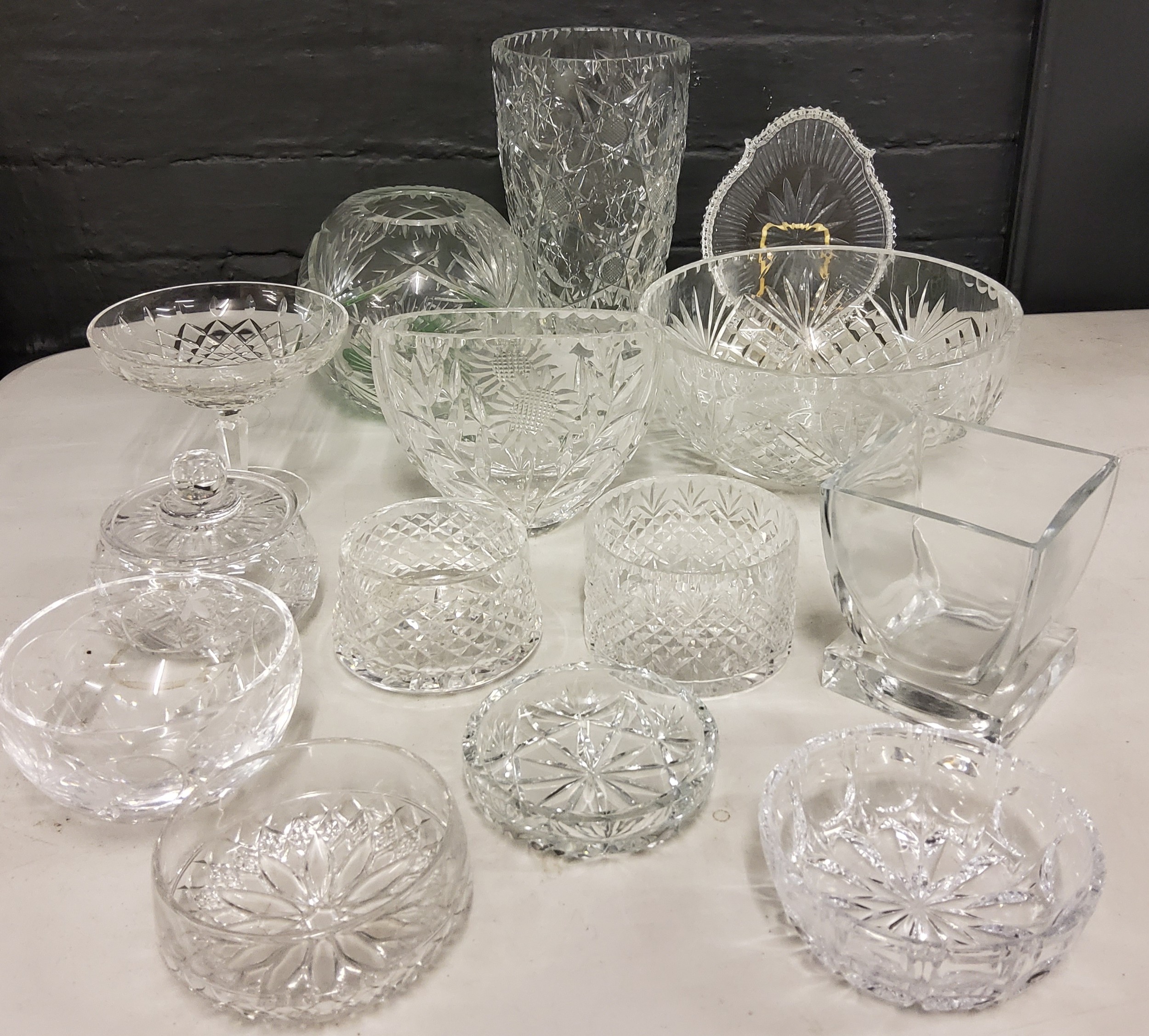 Glassware - a heavy cut glass vase;  others;  bowls;  tray;  A French shaped circular pedestal - Image 2 of 2