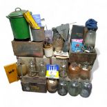 Salvage - Fourteen glass Demi John's; enamel flour bin and cover; woodworking tools; engineering