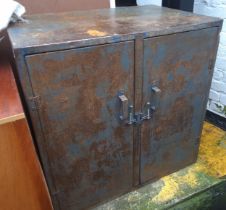 A metal two door tool cabinet, 90cm high, 90cm wide