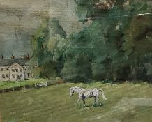 English School, Grey Horse before Country Manor, oil on board, 19cm x 25cm