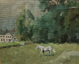 English School, Grey Horse before Country Manor, oil on board, 19cm x 25cm