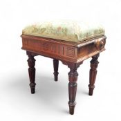 A Victorian rosewood patent adjustable piano stool, stuffed over seat, stamped Brooks Ltd '765',