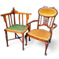 An early 20th century mahogany salon chair, c.1910; a similar corner chair (2)