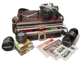 A Pentax ME Super 35mm SLR camera, ser. no. 2250187, Pentax-M 1:1.7 50mm 4646417 lens; a Topcon AM