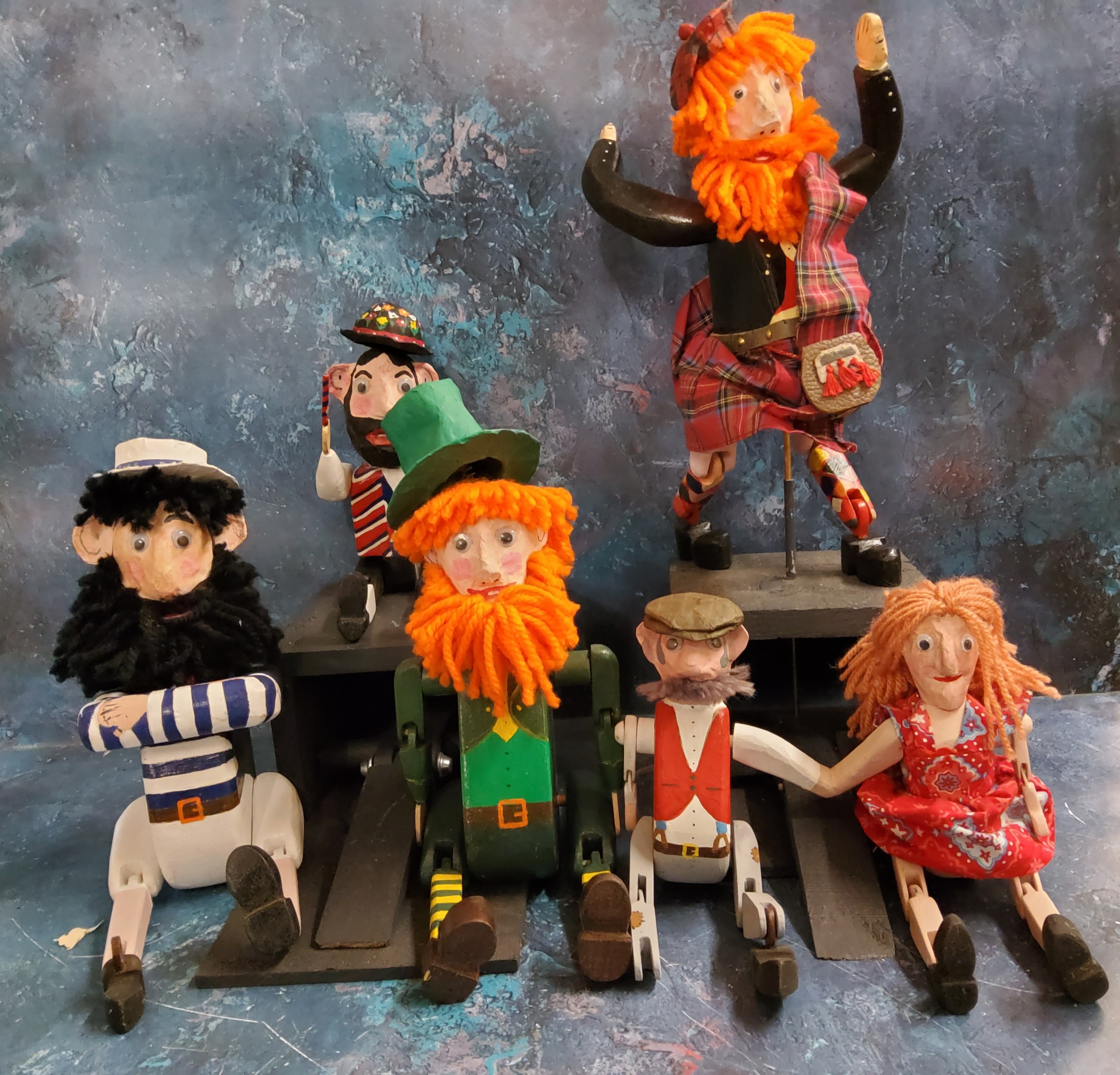 Pedal action puppet papier mache and wooden theatre figures, Scotsman, Sailor, Leprechaun, Morris