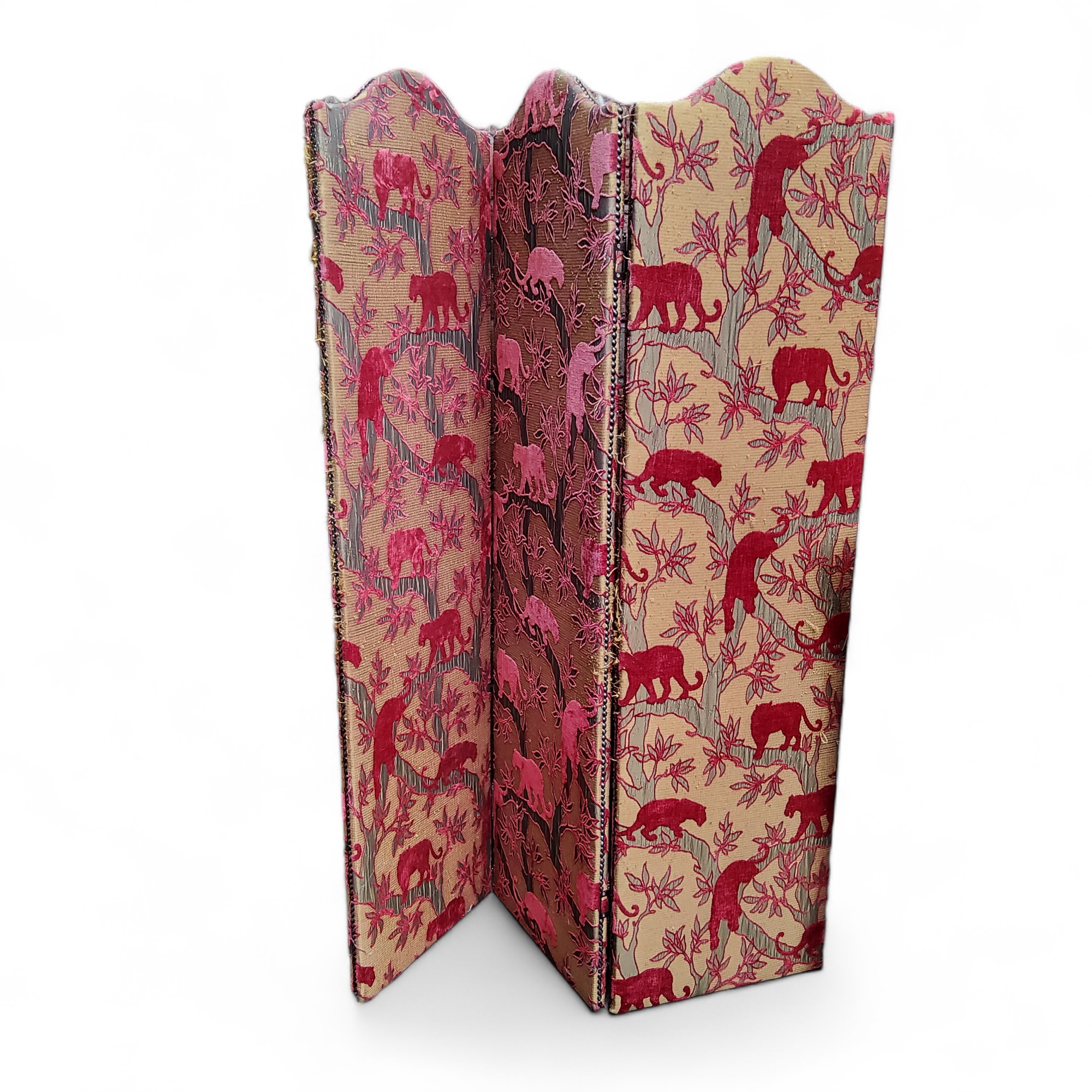 A three fold modesty screen with panther pattern fabric, 126cm wide
