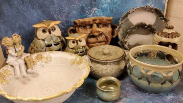 Studio Pottery - a figural bowl;  a wall mask;  owl night lights;  etc