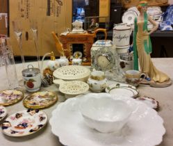 Ceramics and Glass - a lead crystal Cascade clock;   Coalport Roaring Twenties figure;   Royal