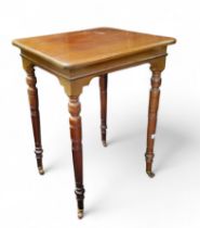 A late 19th century mahogany side table, turned legs. 72cm high, 50cm wide, c.1870