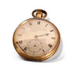 A 14ct gold cased open face pocket watch, crown wound, unsigned movement, white enamel dial, Roman